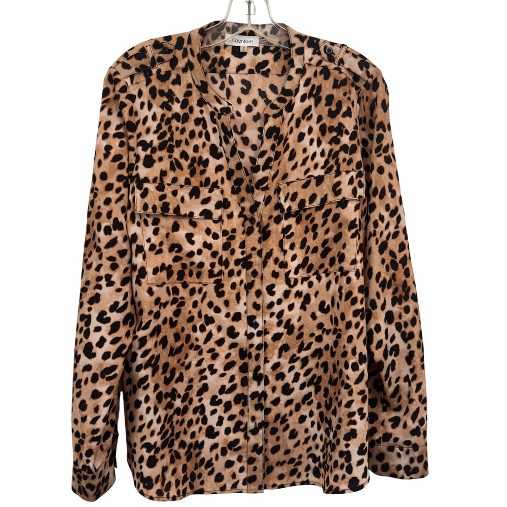 Calvin Klein Leopard Print Utility Blouse Tan Black Button Front Long Sleeve M